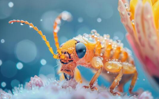Macro photography of insects on flowers with dew